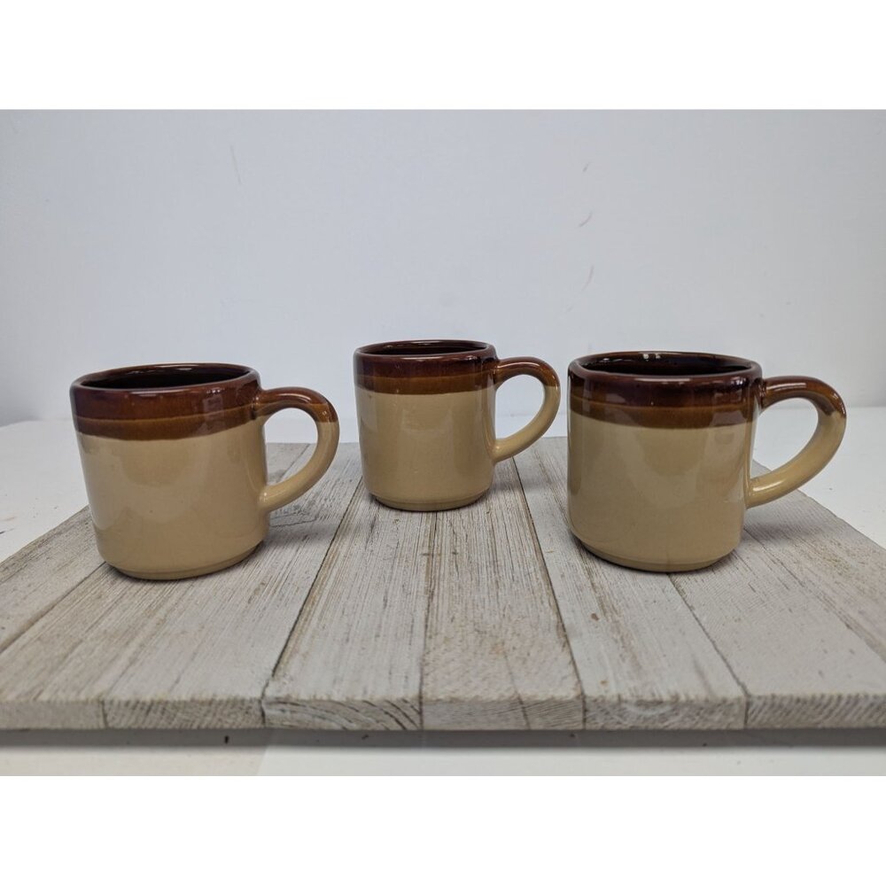 Vintage Mid Century Modern 2-Tone Drip Glaze Pottery Coffee Mugs Set of 3